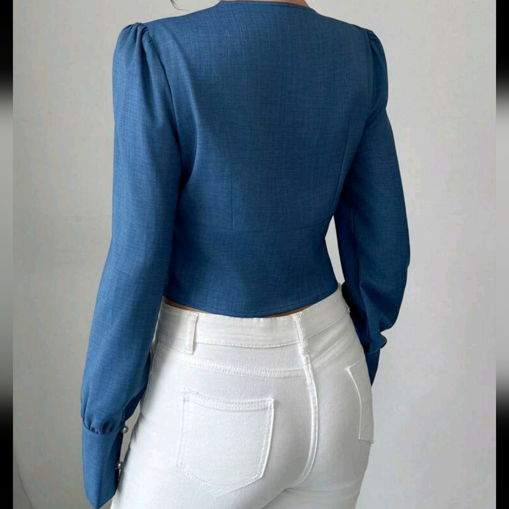 Pleated Pearl Button V-Neck Elegant Waist Shirt - Picture 2 of 4